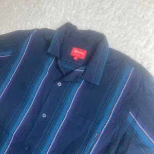 Supreme blue striped men's button up shorts sleeve streetwear